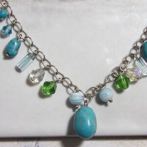 18 inch Sterling Silver 925 Necklace with Turquoise, cane glass & Blue Agate